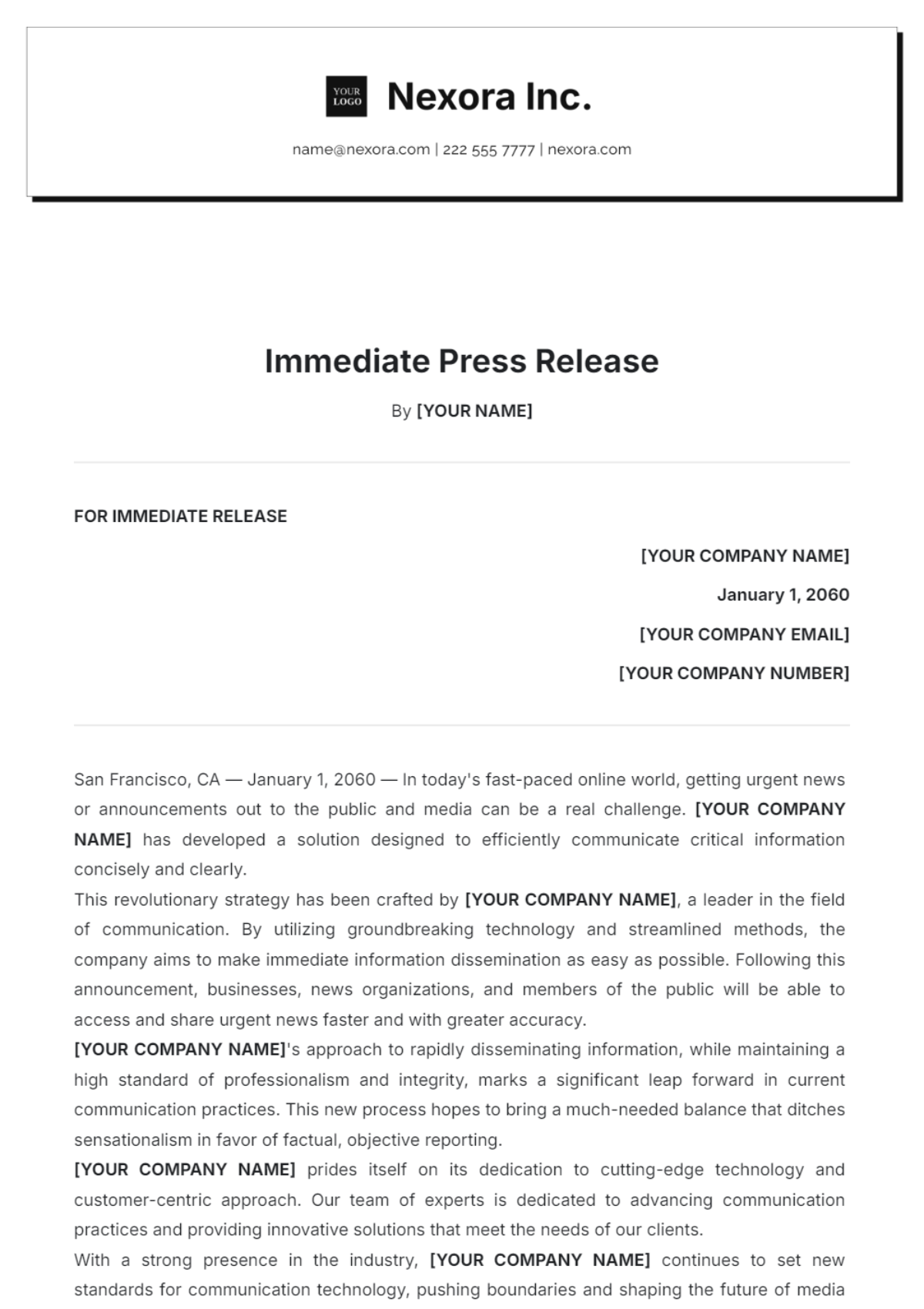 Blank Immediate Press Release Template