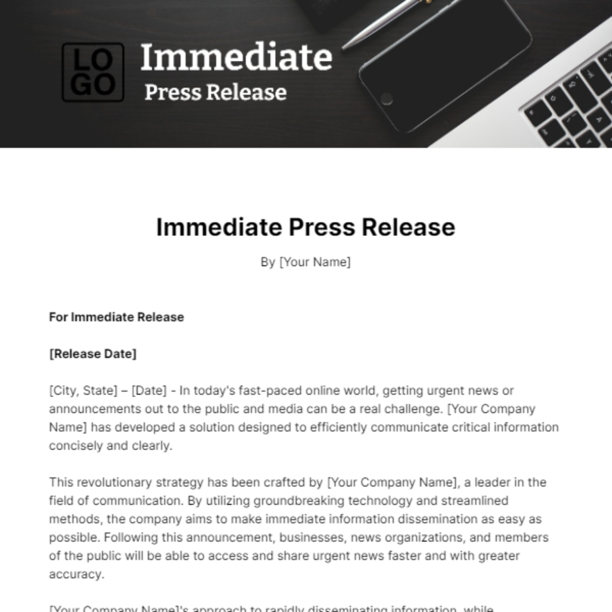 Free Immediate Press Release Template
