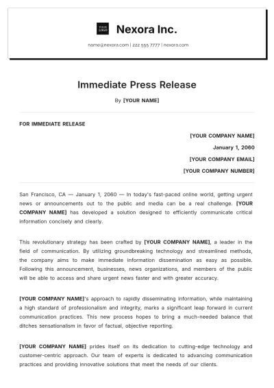 Free Blank Immediate Press Release Template to Edit Online