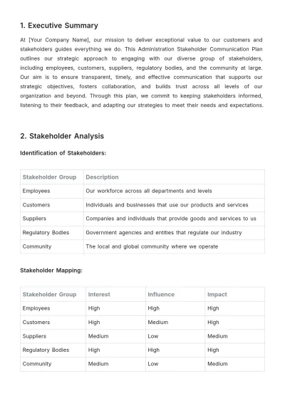 Free Administration Stakeholder Communication Plan Template to Edit Online