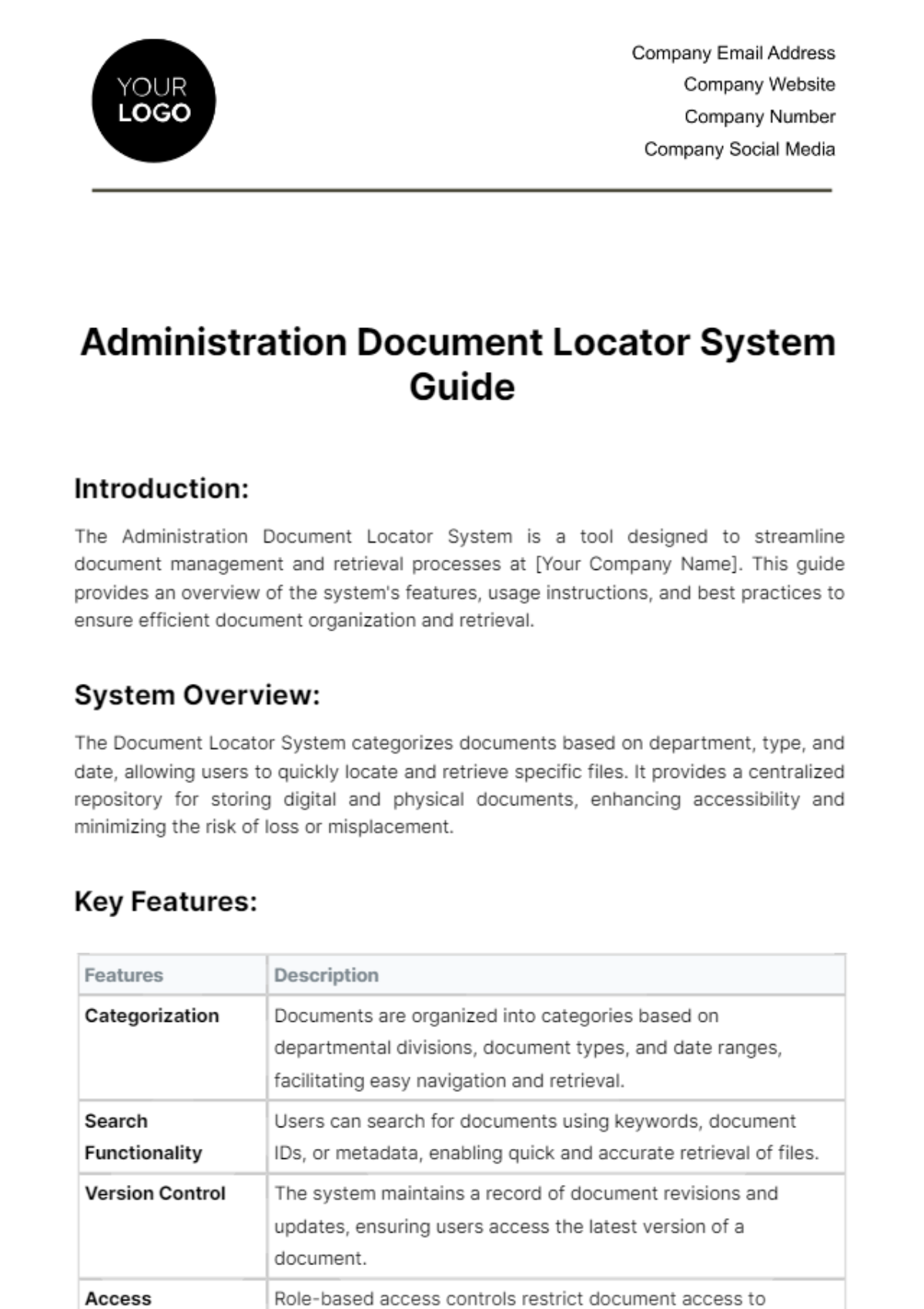 Free Administration Document Locator System Guide Template