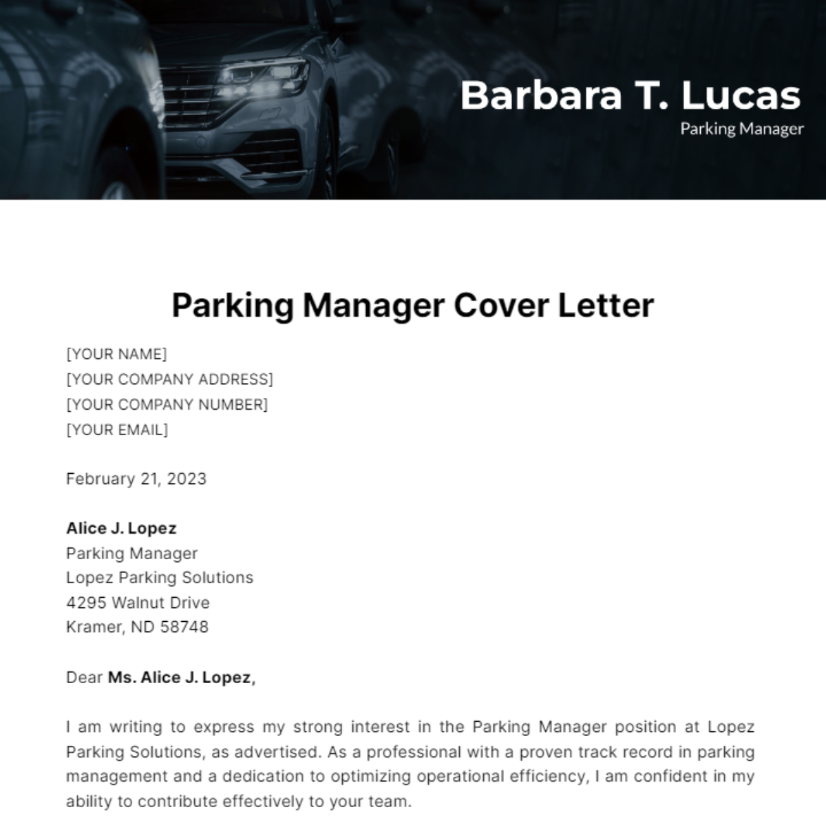 Parking Manager Cover Letter Template