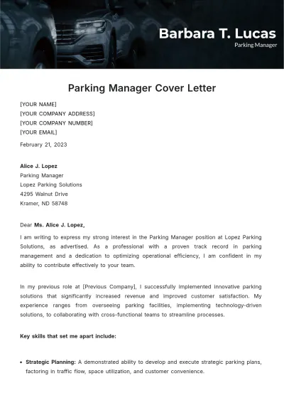 Free Parking Manager Cover Letter Template to Edit Online