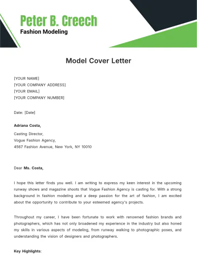 Free Model Cover Letter Template to Edit Online