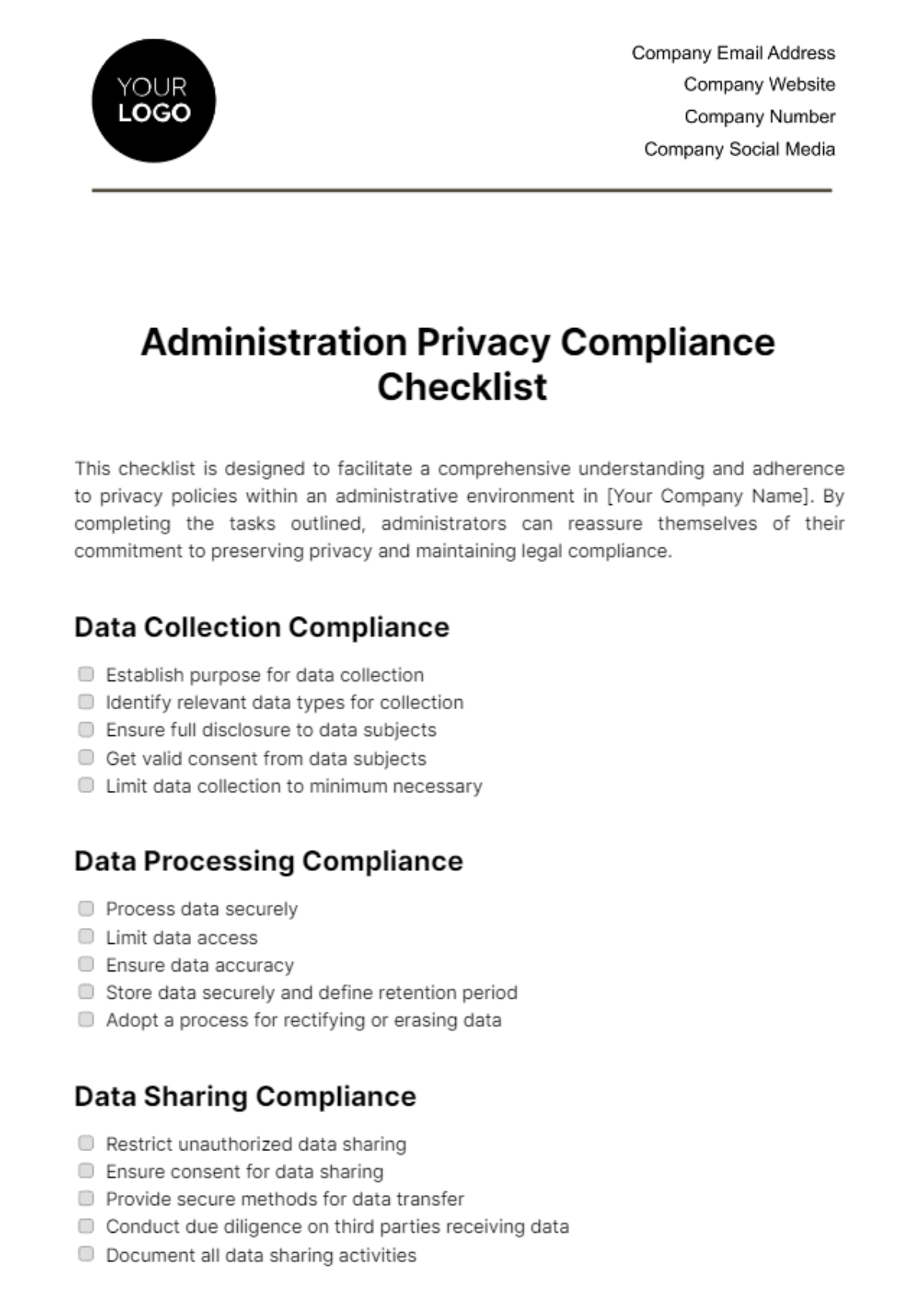 Free Administration Privacy Compliance Checklist Template