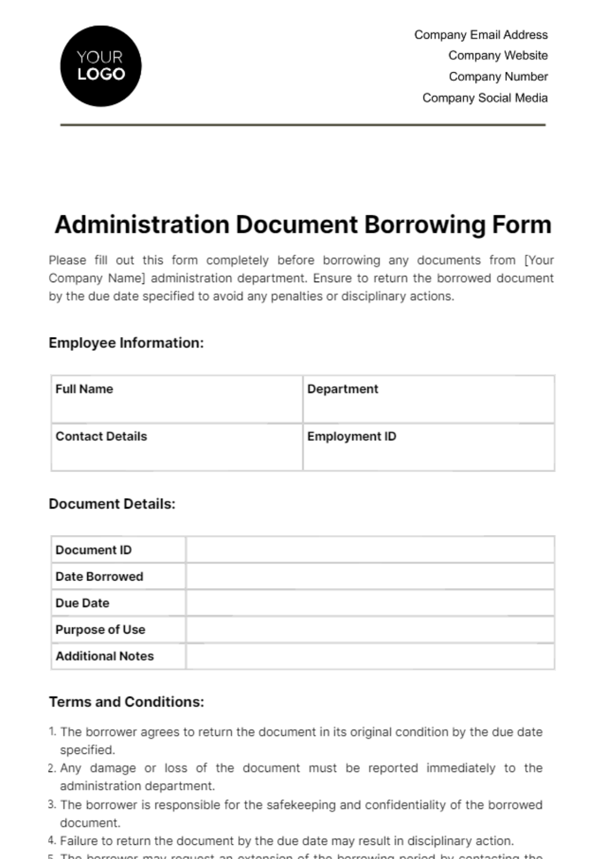 Free Administration Document Borrowing Form Template