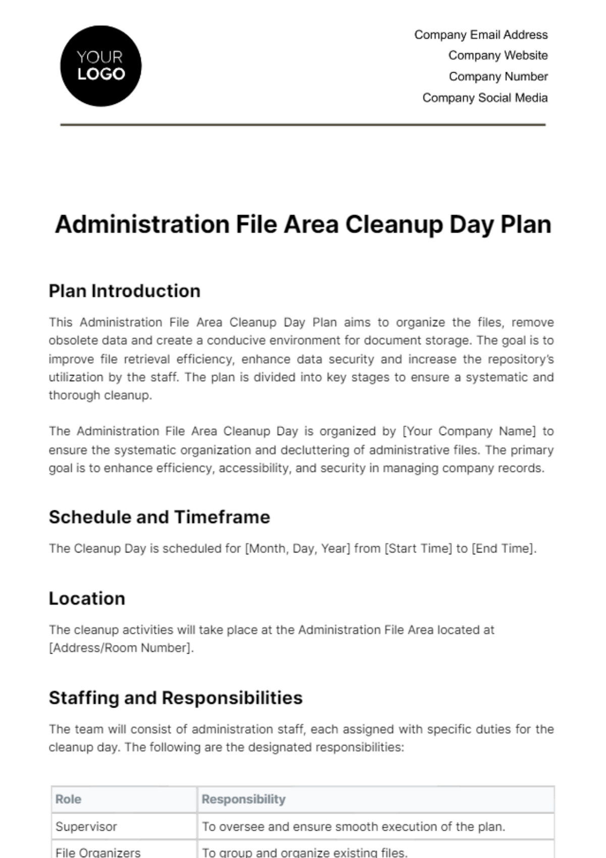 Free Administration File Area Cleanup Day Plan Template