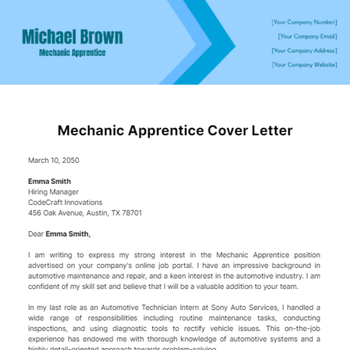 Mechanic Apprentice Cover Letter Template