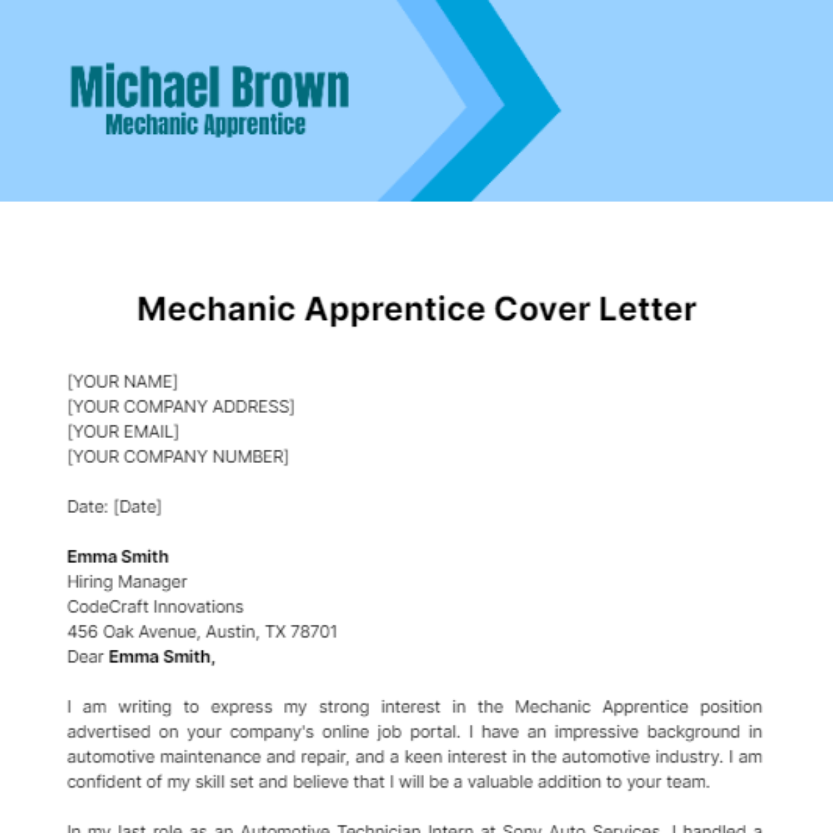 Mechanic Apprentice Cover Letter Template