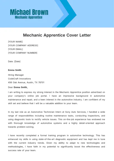 Free Mechanic Apprentice Cover Letter Template to Edit Online