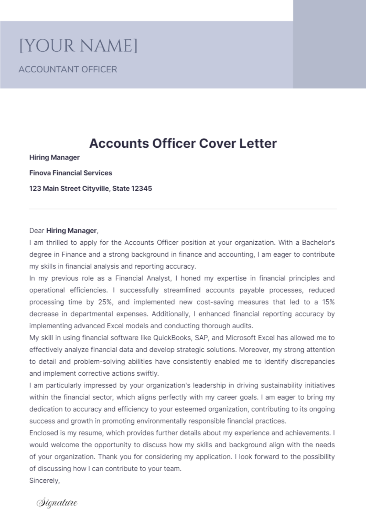 Accounts Officer Cover Letter