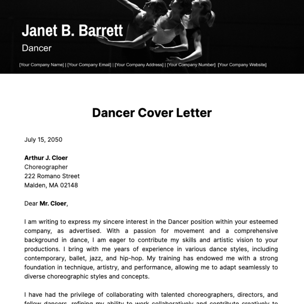 Dancer Cover Letter Template