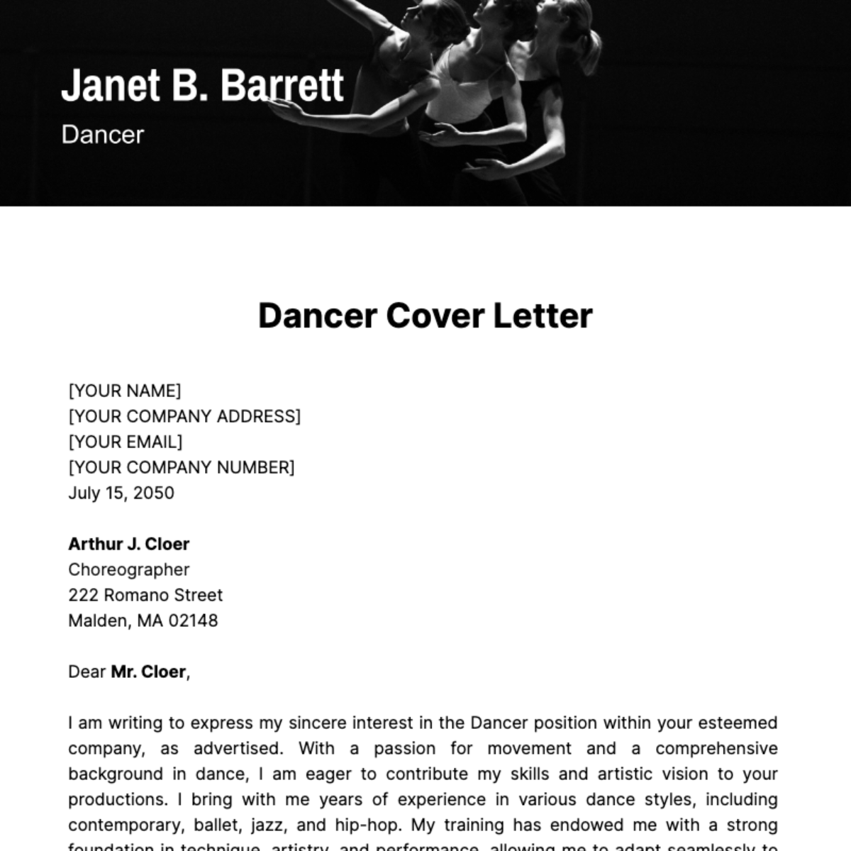 Dancer Cover Letter Template