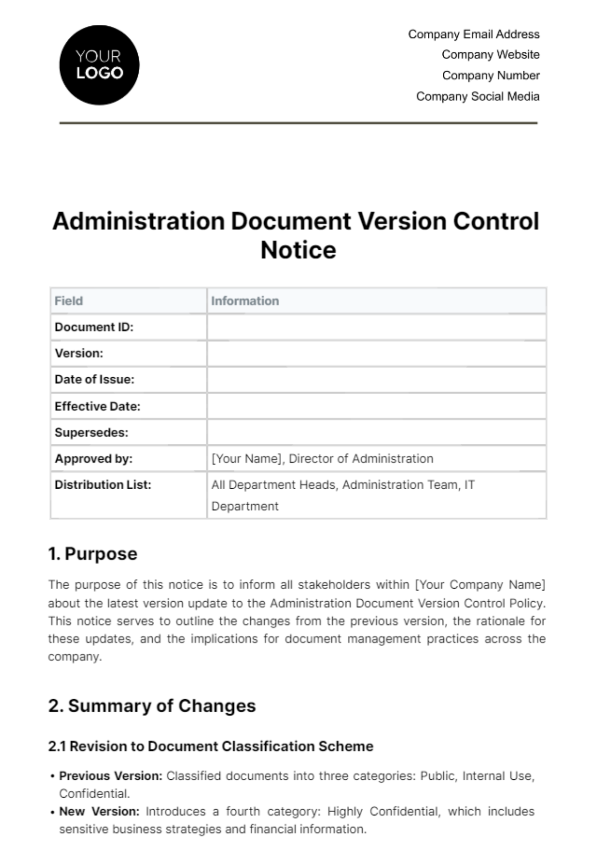 Administration Document Version Control Notice Template
