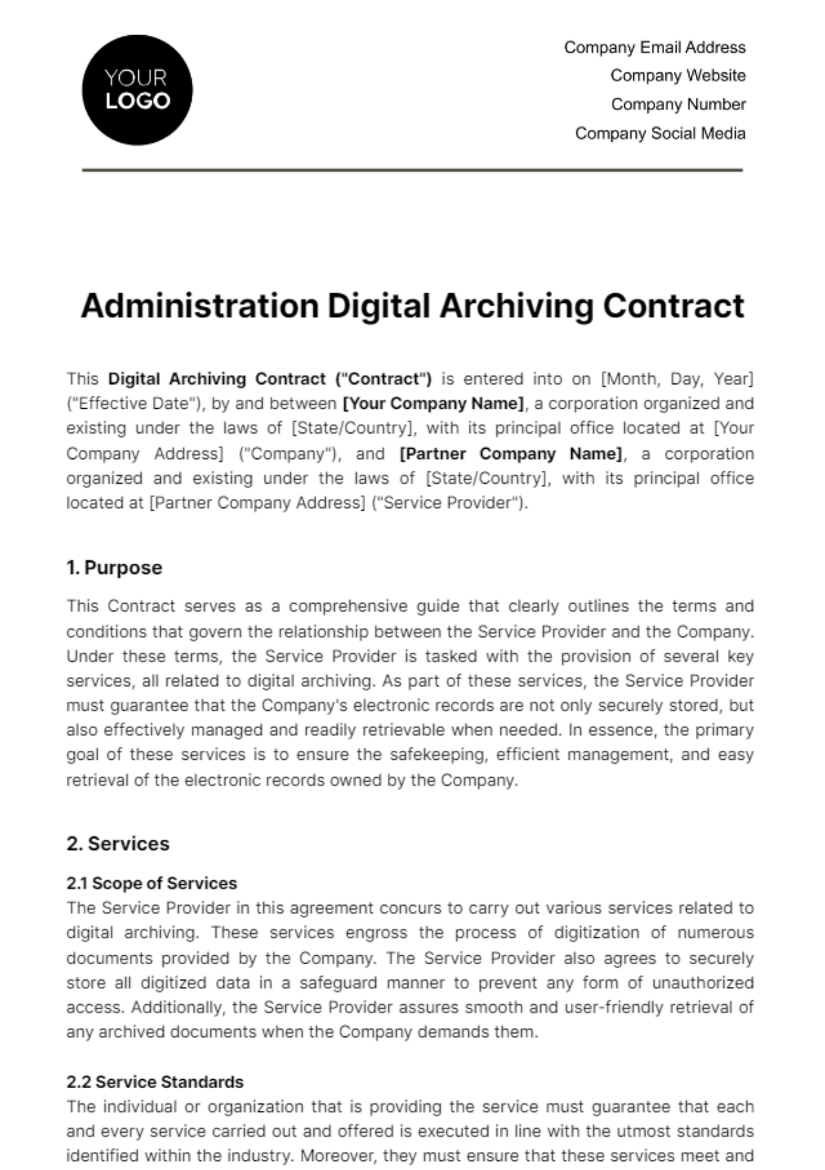 Administration Digital Archiving Contract Template