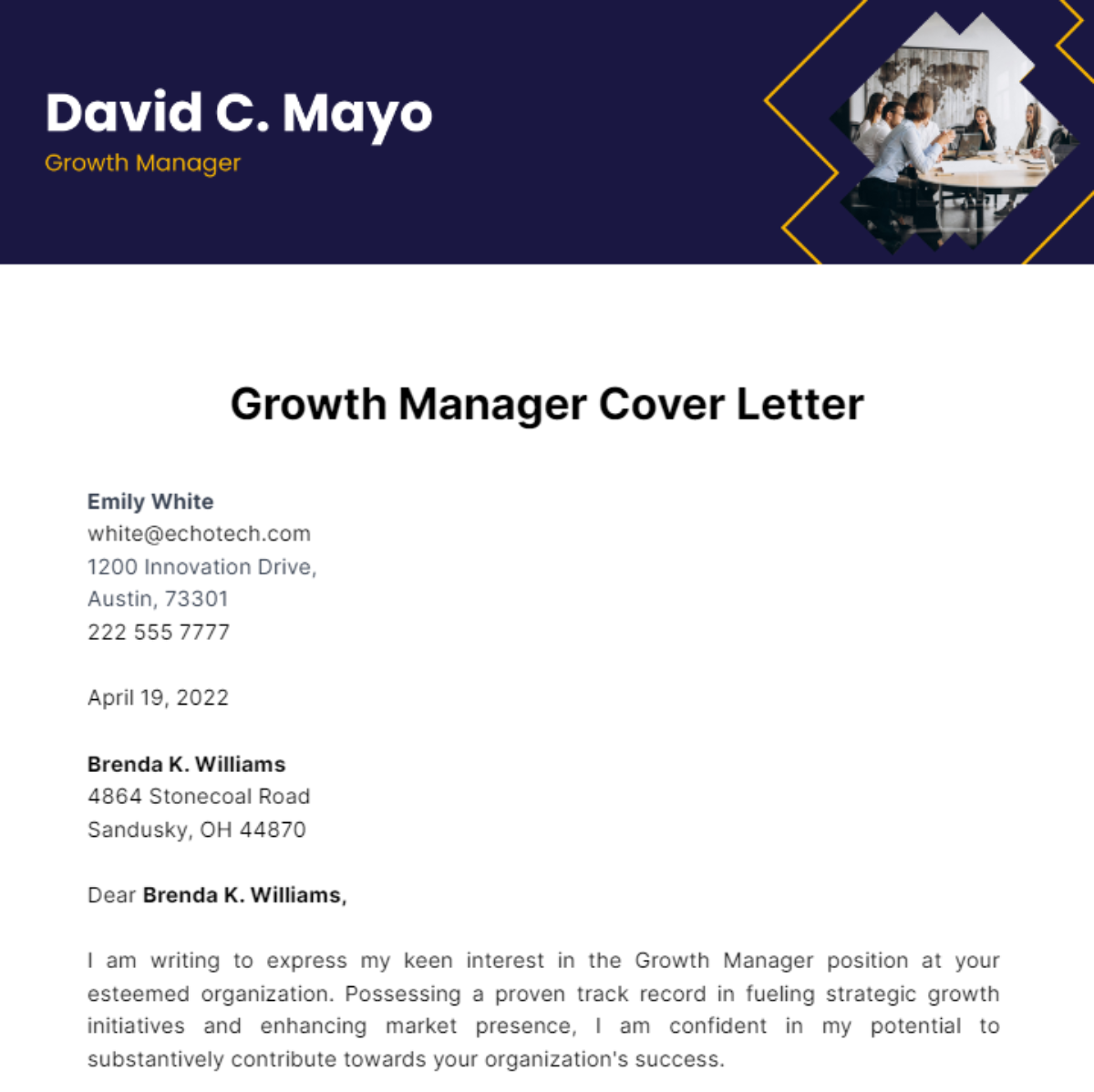 Growth Manager Cover Letter Template