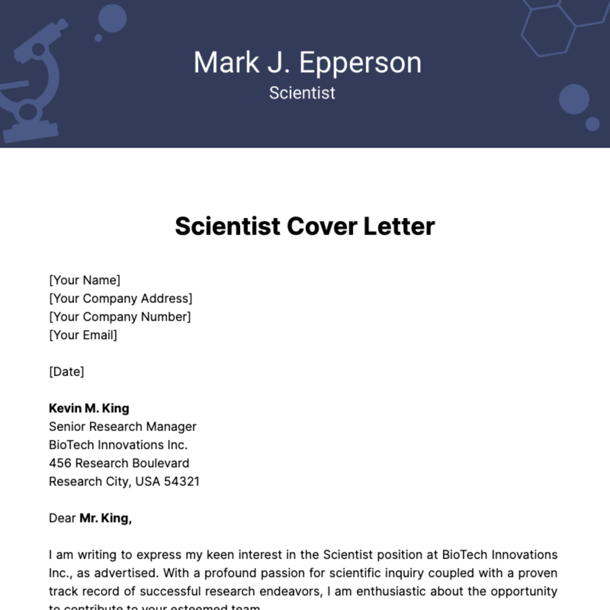 Scientist Cover Letter Template