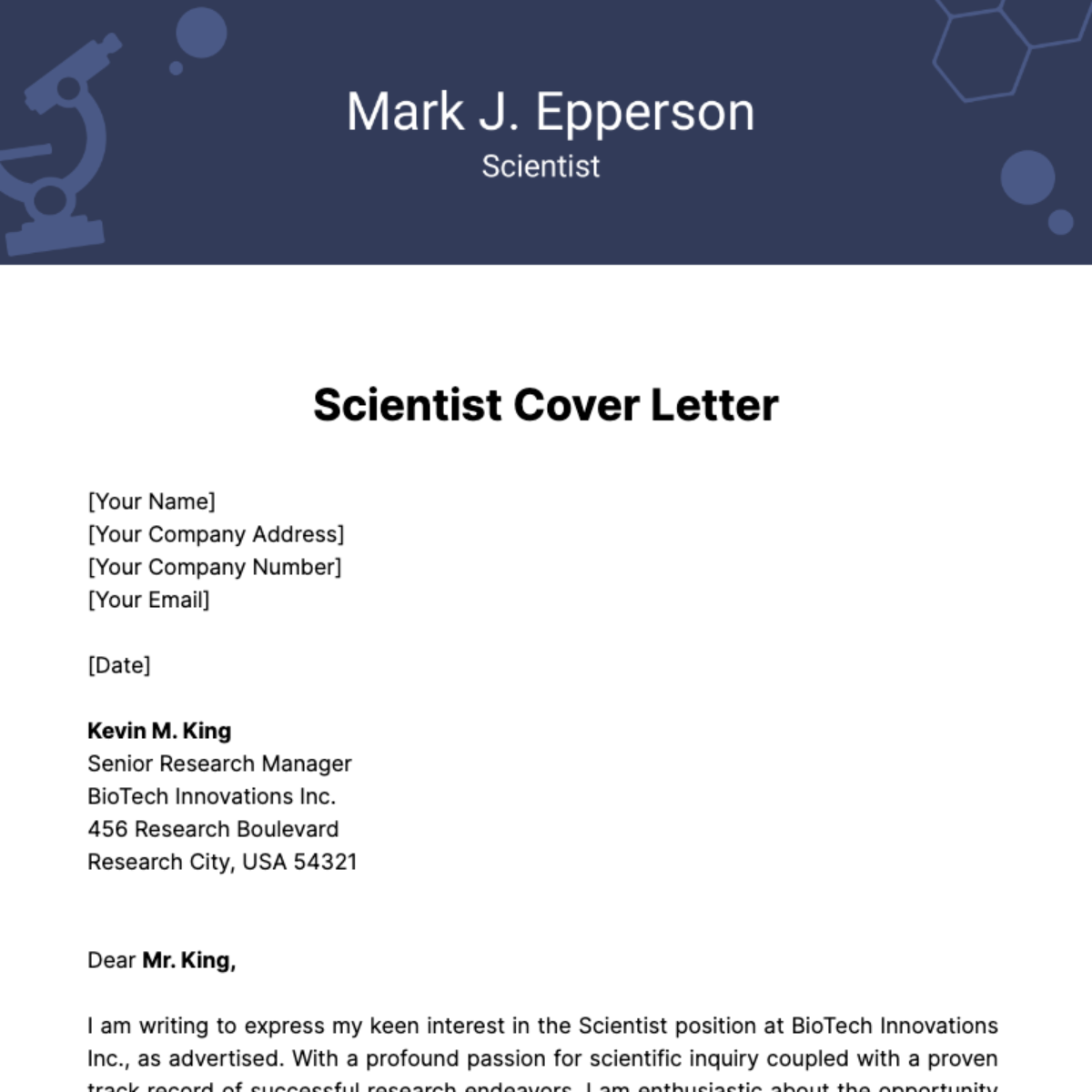 Scientist Cover Letter Template