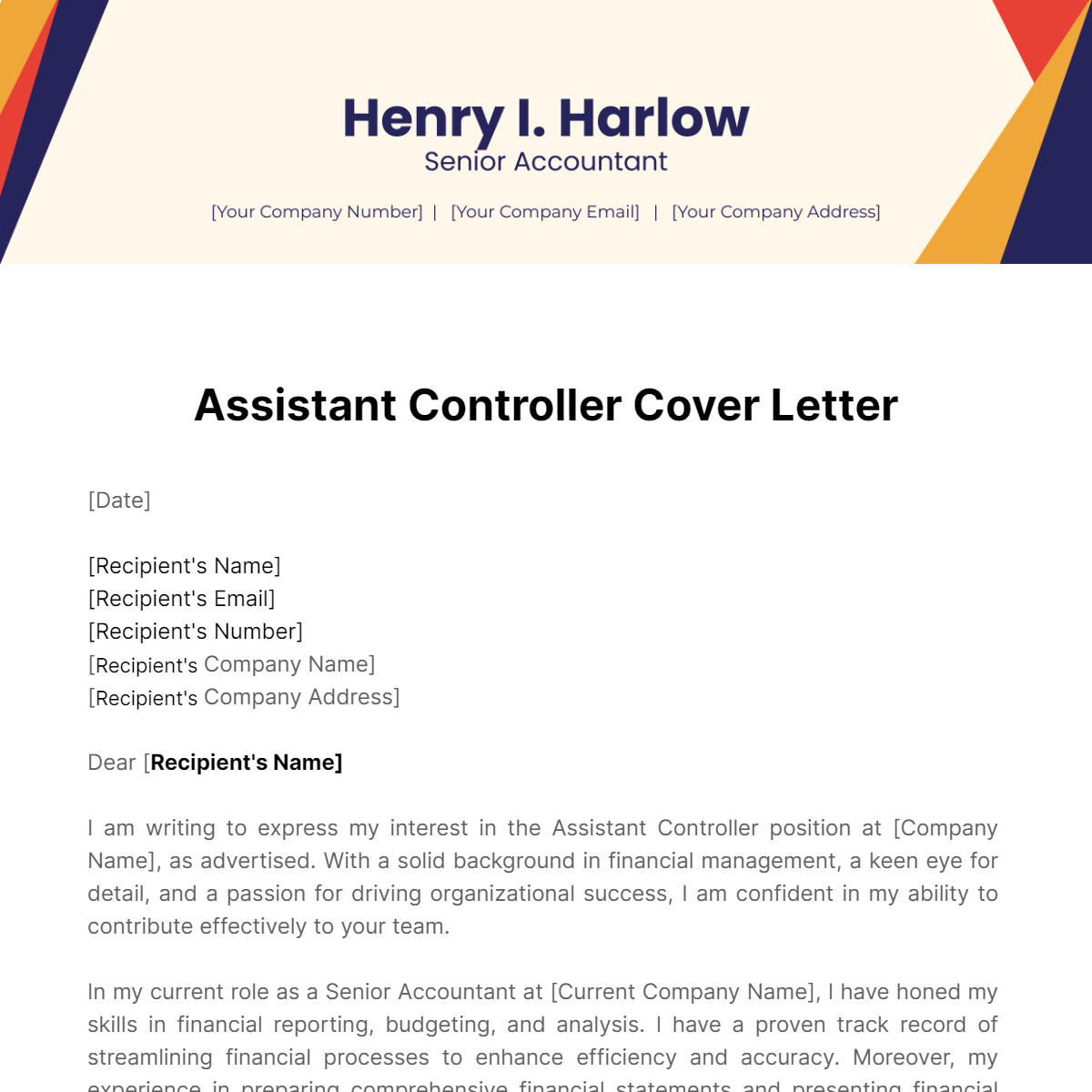 Assistant Controller Cover Letter Template