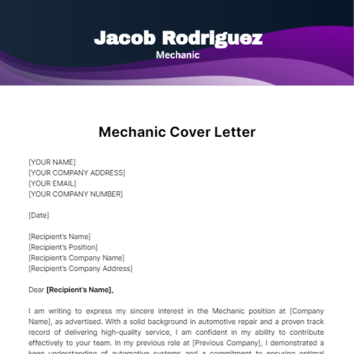 Mechanic Cover Letter Template
