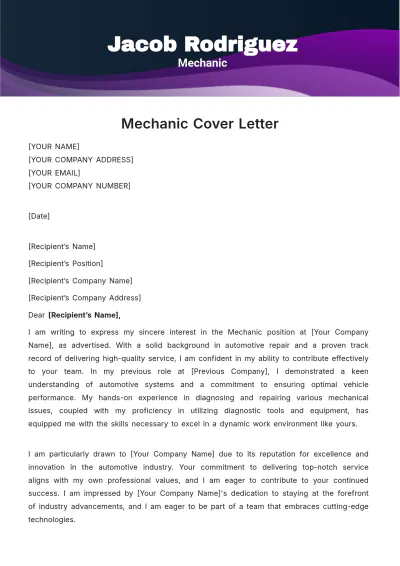 Free Mechanic Cover Letter Template to Edit Online