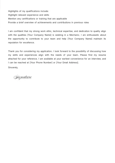 Free Mechanic Cover Letter Template to Edit Online