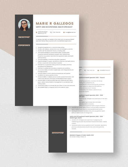 Safety And Occupational Health Specialist Resume Download