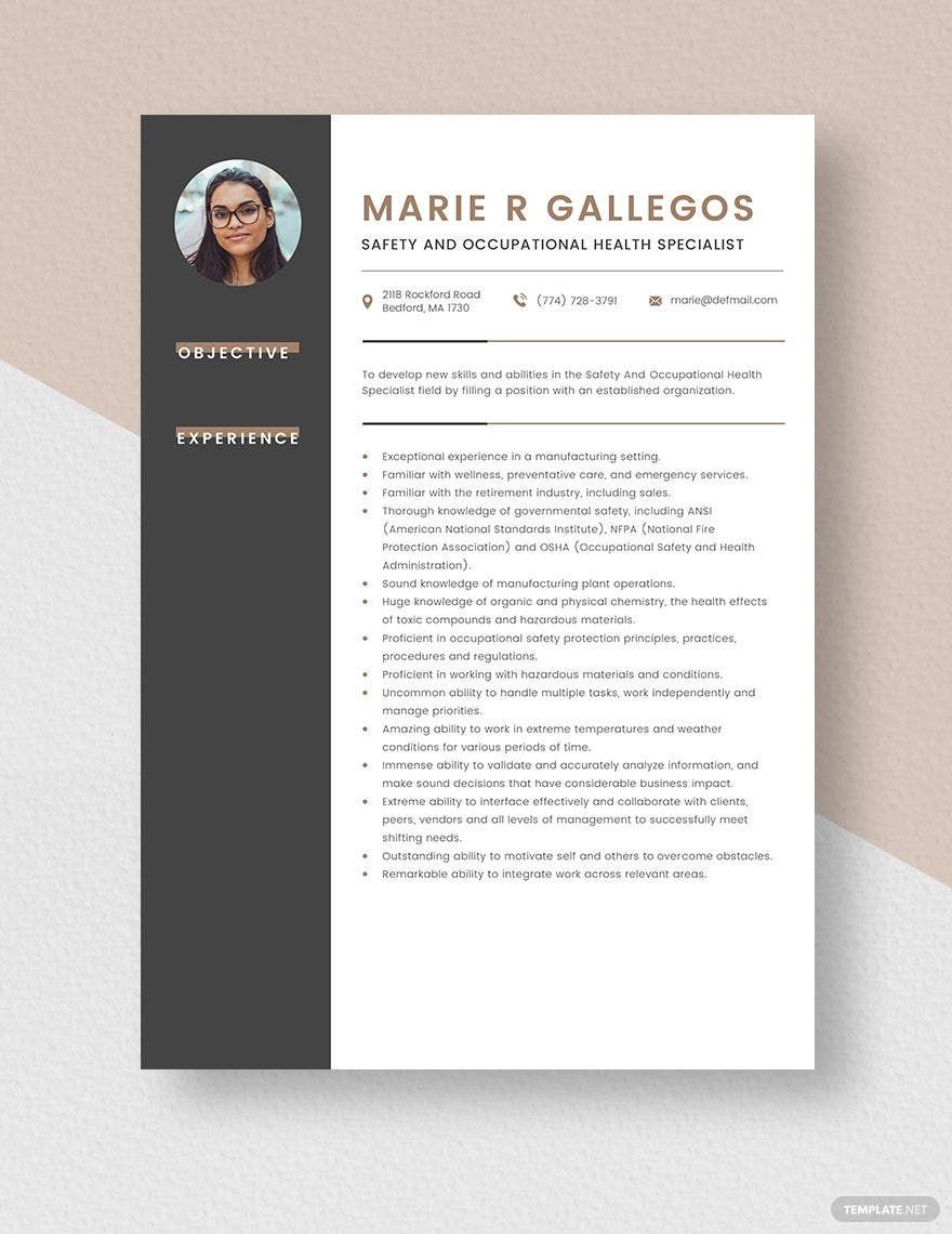 Safety And Occupational Health Specialist Resume