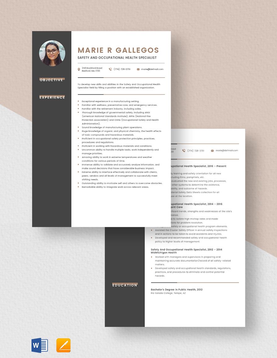 Safety And Occupational Health Specialist Resume