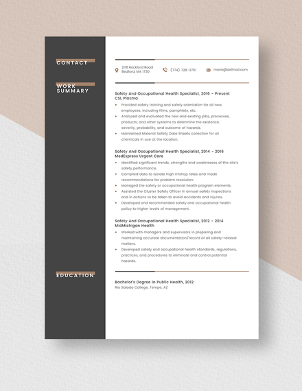 Safety And Occupational Health Specialist Resume Template