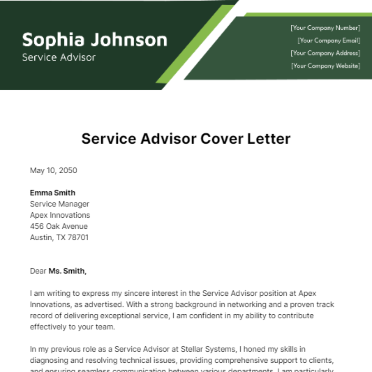 Service Advisor Cover Letter Template