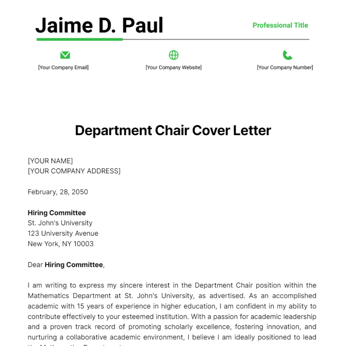 Department Chair Cover Letter Template