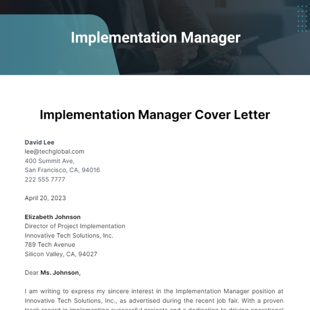 Implementation Manager Cover Letter Template