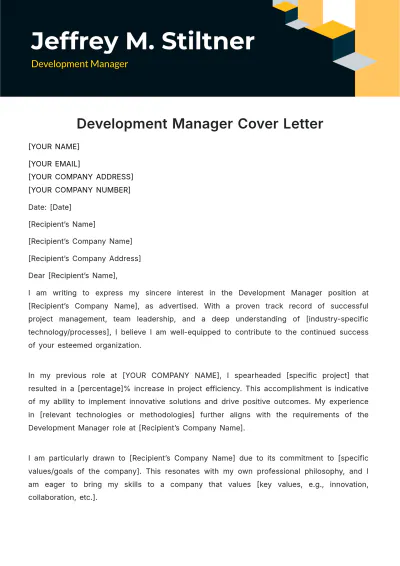 Free Development Manager Cover Letter Template to Edit Online