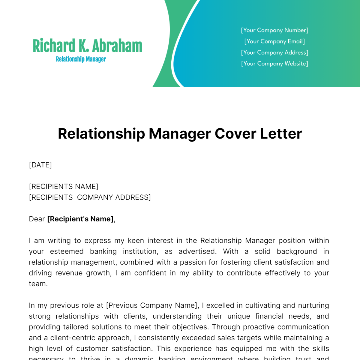 Relationship Manager Cover Letter Template