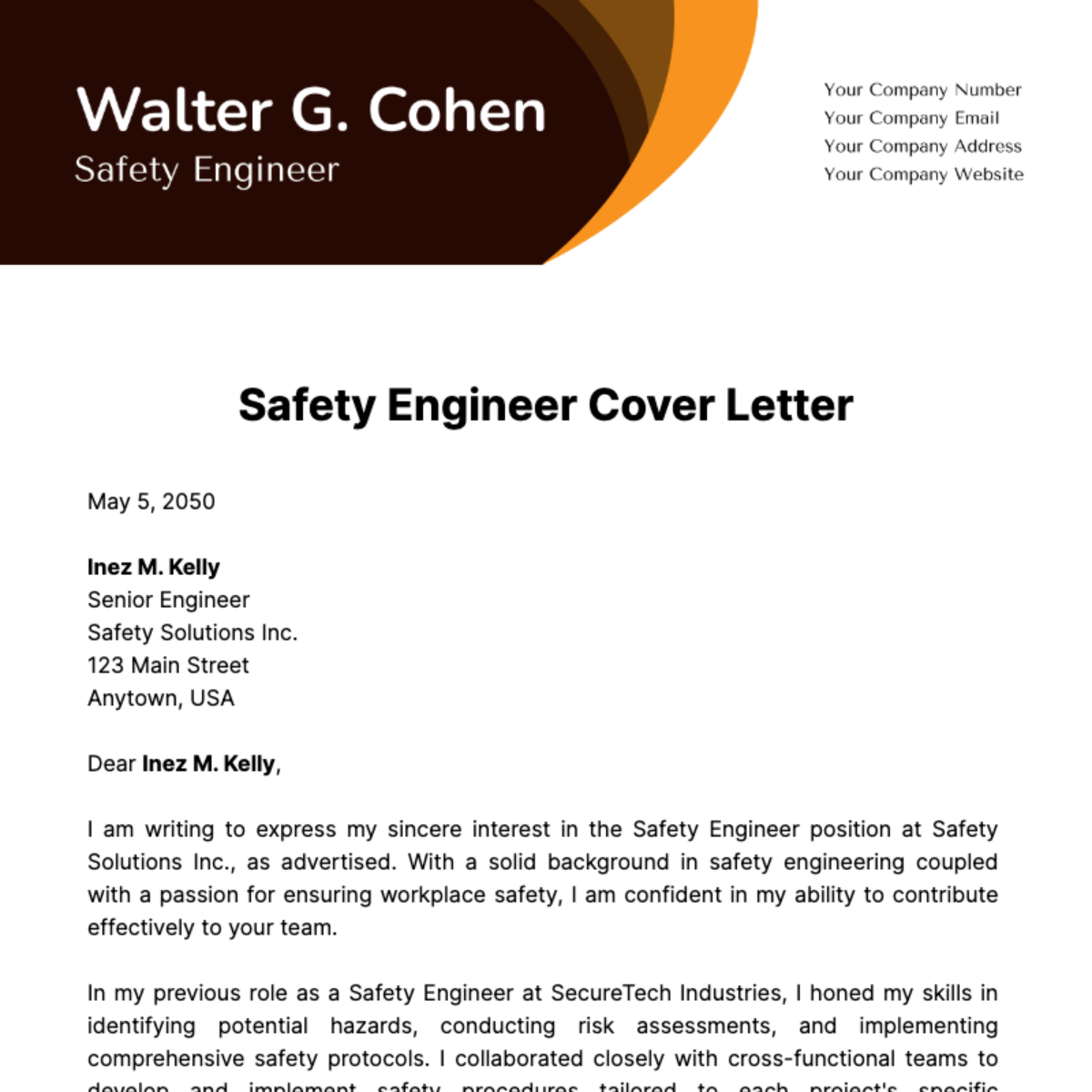 Safety Engineer Cover Letter Template
