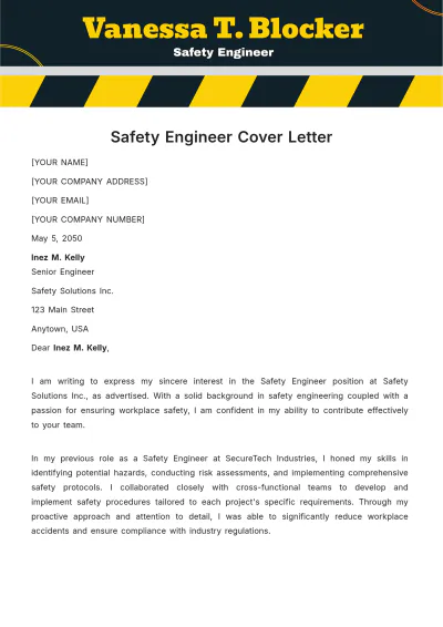 Free Safety Engineer Cover Letter Template to Edit Online