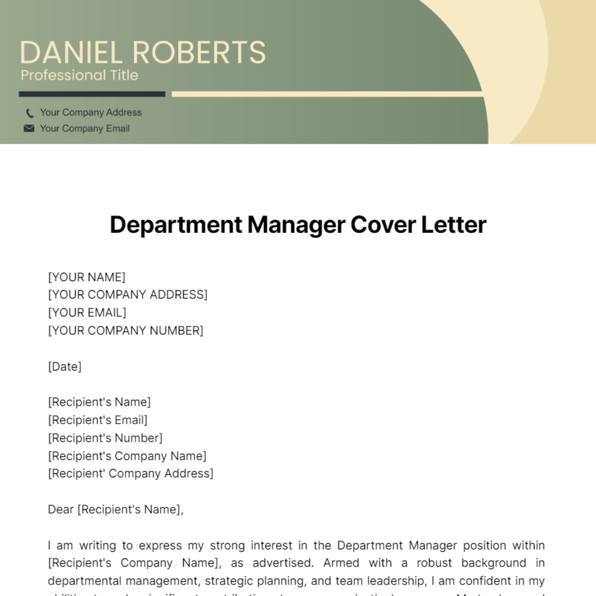 Department Manager Cover Letter Template