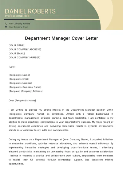 Free Department Manager Cover Letter Template to Edit Online