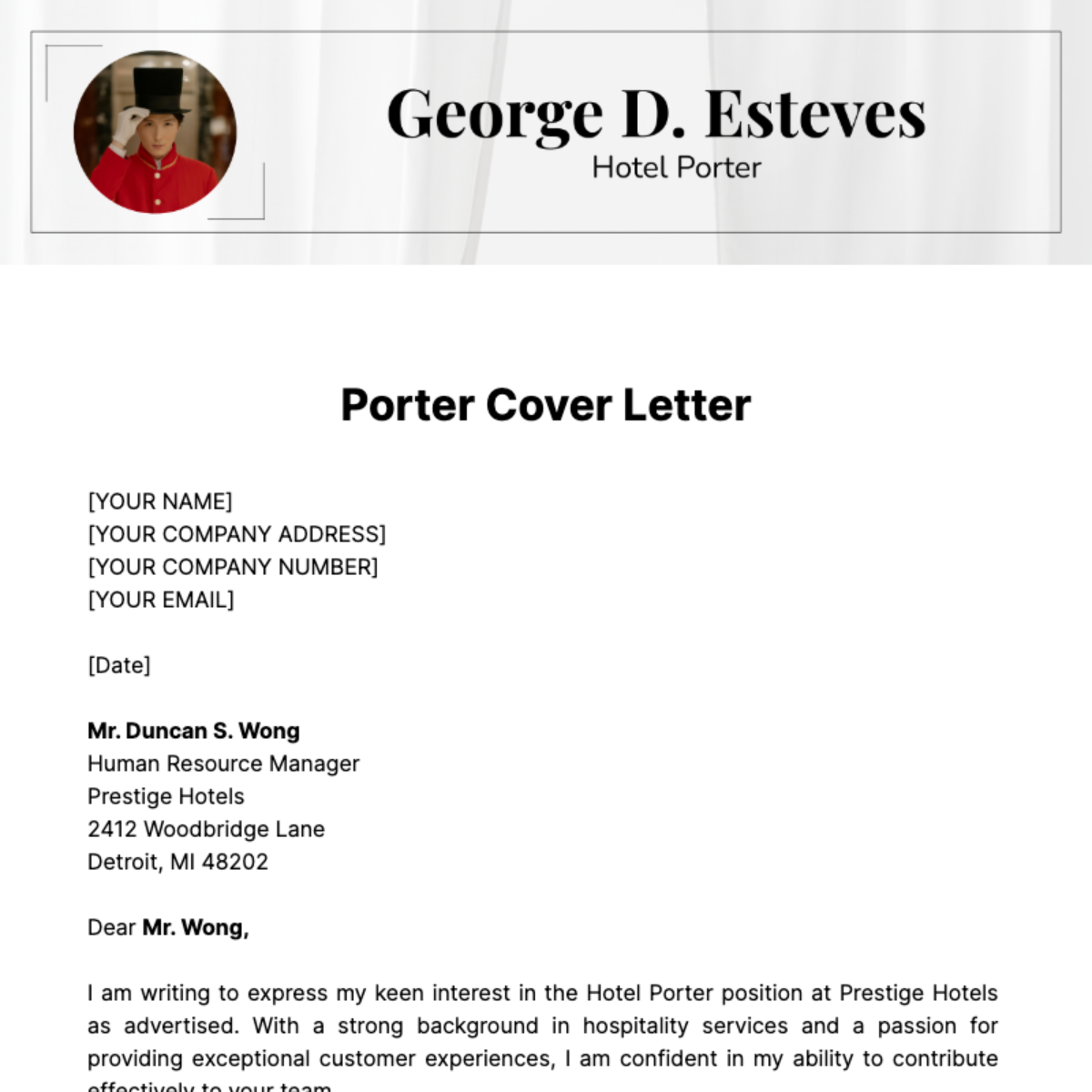 Porter Cover Letter Template