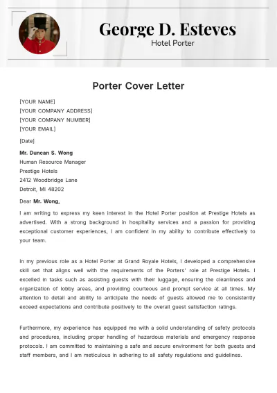 Free Porter Cover Letter Template to Edit Online