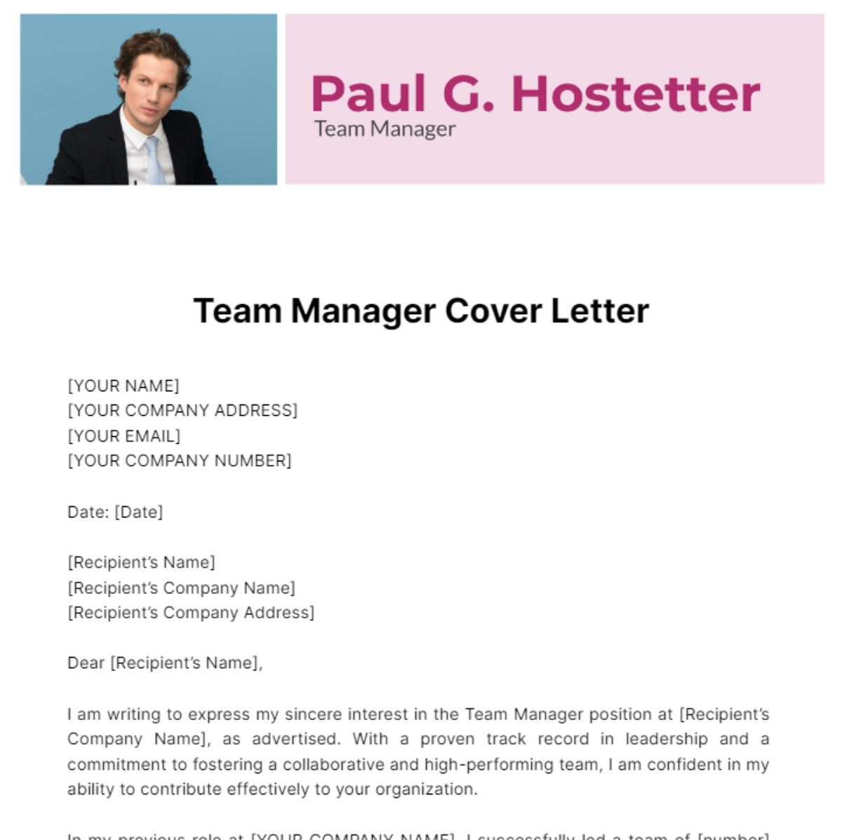 Team Manager Cover Letter Template