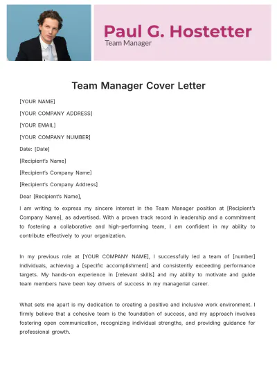 Free Team Manager Cover Letter Template to Edit Online