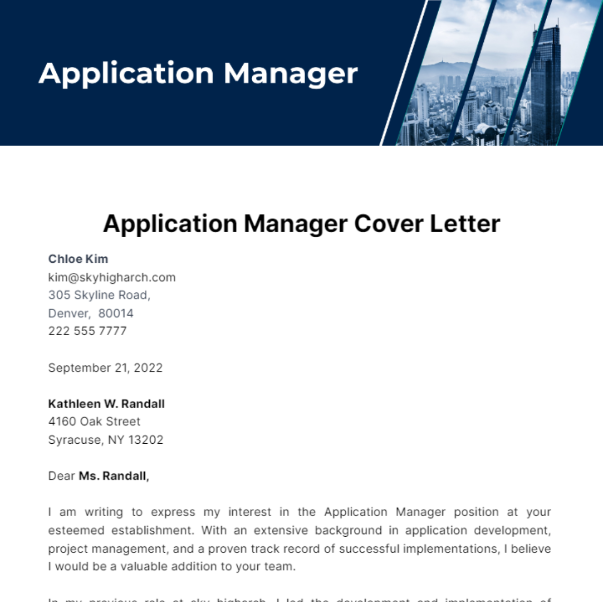 Application Manager Cover Letter Template