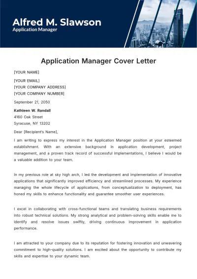 Free Application Manager Cover Letter Template to Edit Online