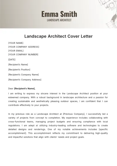 Free Landscape Architect Cover Letter Template to Edit Online