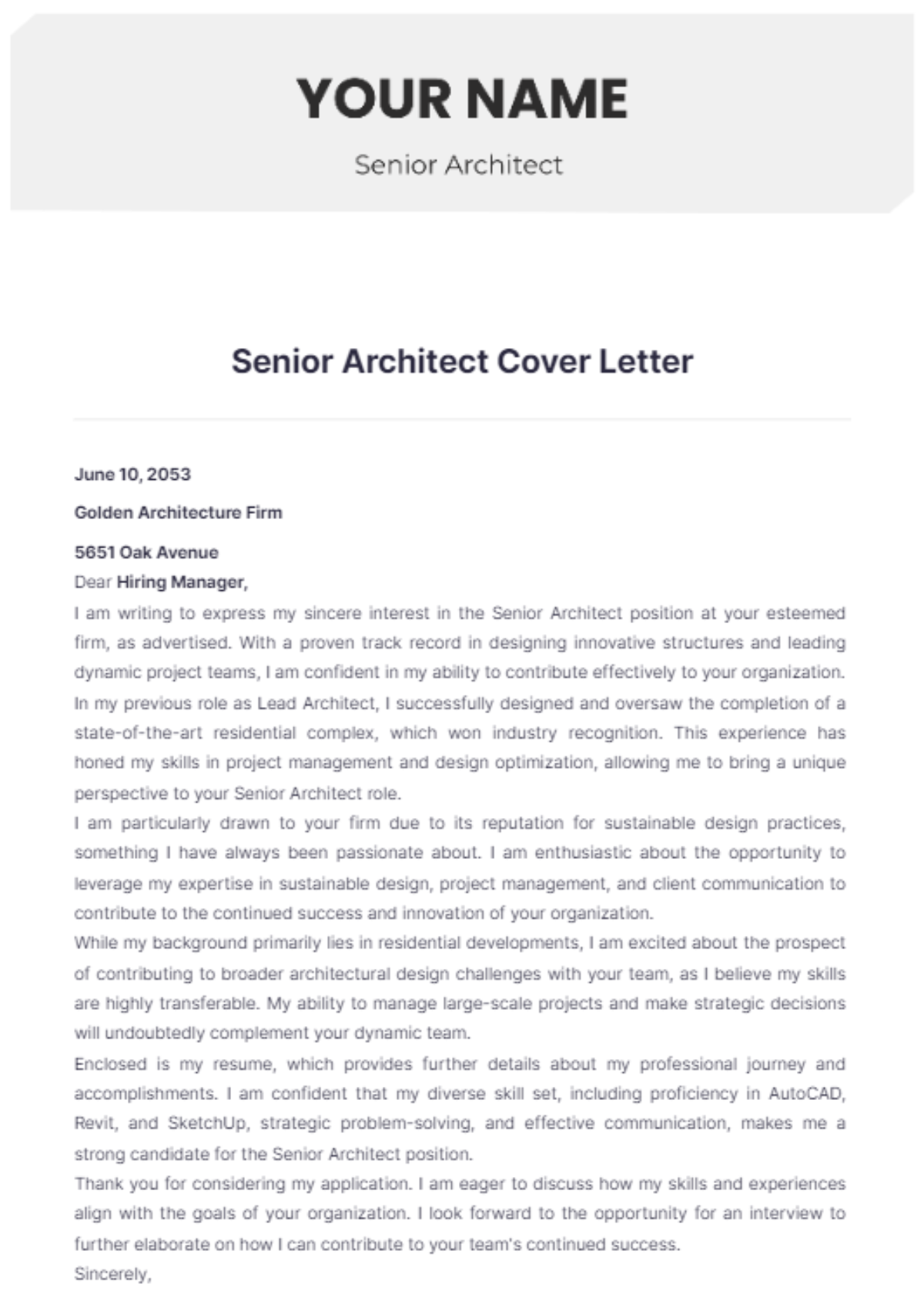 Senior Architect Cover Letter Template