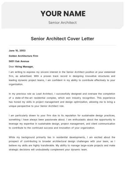 Free Senior Architect Cover Letter Template to Edit Online