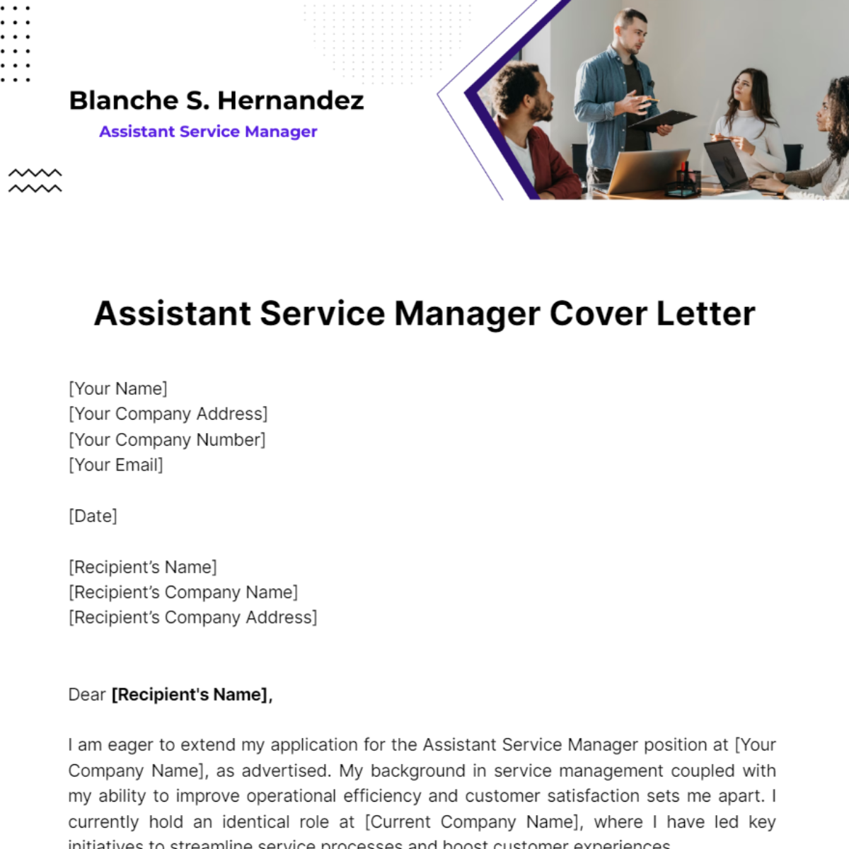 Assistant Service Manager Cover Letter Template