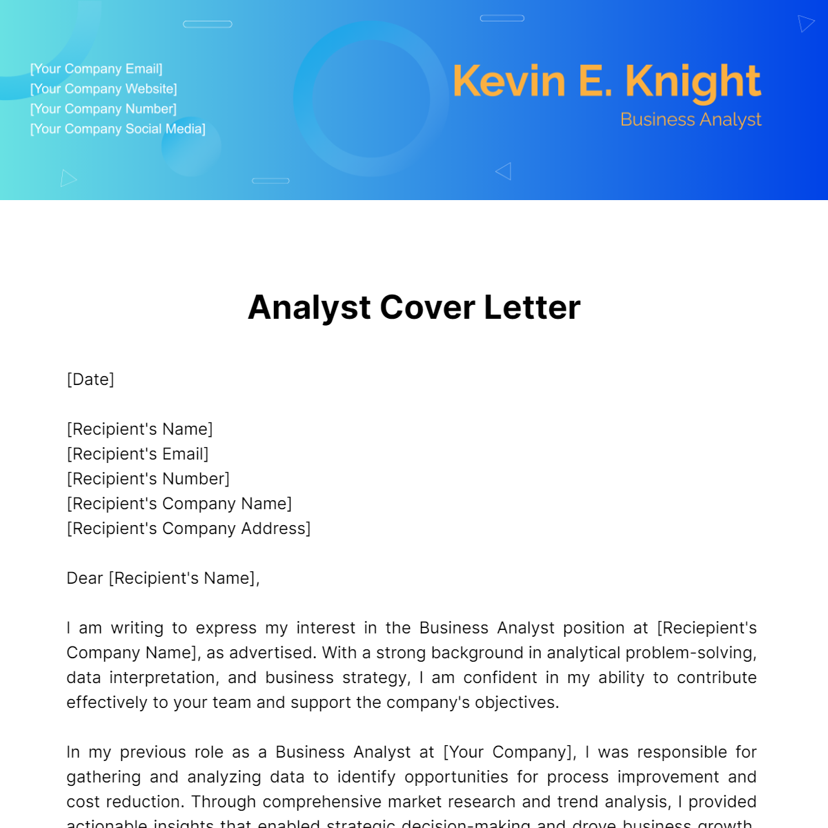 Analyst Cover Letter Template